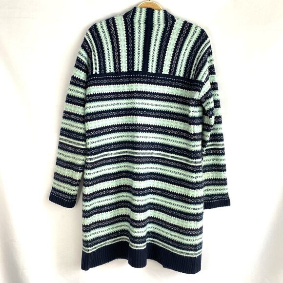 Talbots Fair Isle Long Cardigan Sweater Women S Blue Green Striped Open Front - Picture 2 of 10